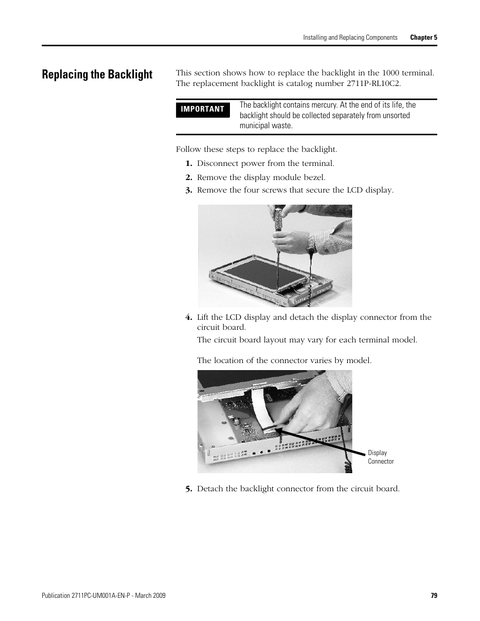 Replacing the backlight | Rockwell Automation 2711PC-xxxx PanelView Plus Compact User Manual User Manual | Page 79 / 132