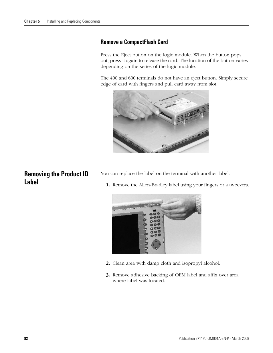 Removing the product id label, Remove a compactflash card | Rockwell Automation 2711PC-xxxx PanelView Plus Compact User Manual User Manual | Page 82 / 132