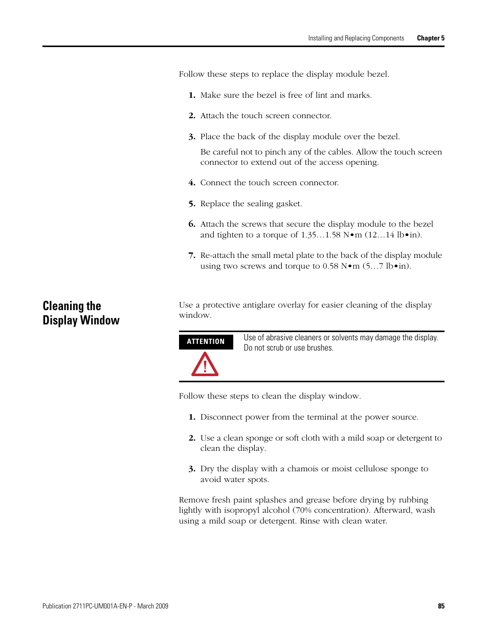 Cleaning the display window | Rockwell Automation 2711PC-xxxx PanelView Plus Compact User Manual User Manual | Page 85 / 132