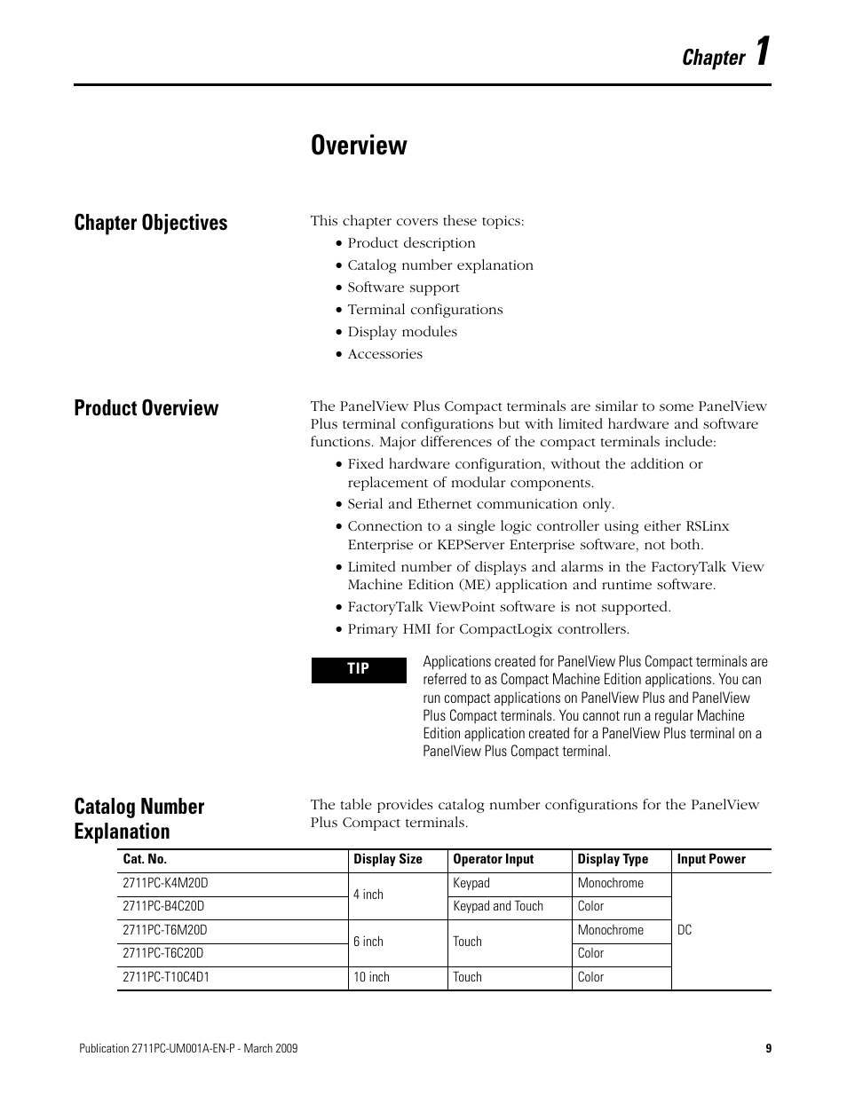 1 - overview, Chapter objectives, Product overview | Catalog number explanation, Chapter 1, Overview, Chapter | Rockwell Automation 2711PC-xxxx PanelView Plus Compact User Manual User Manual | Page 9 / 132