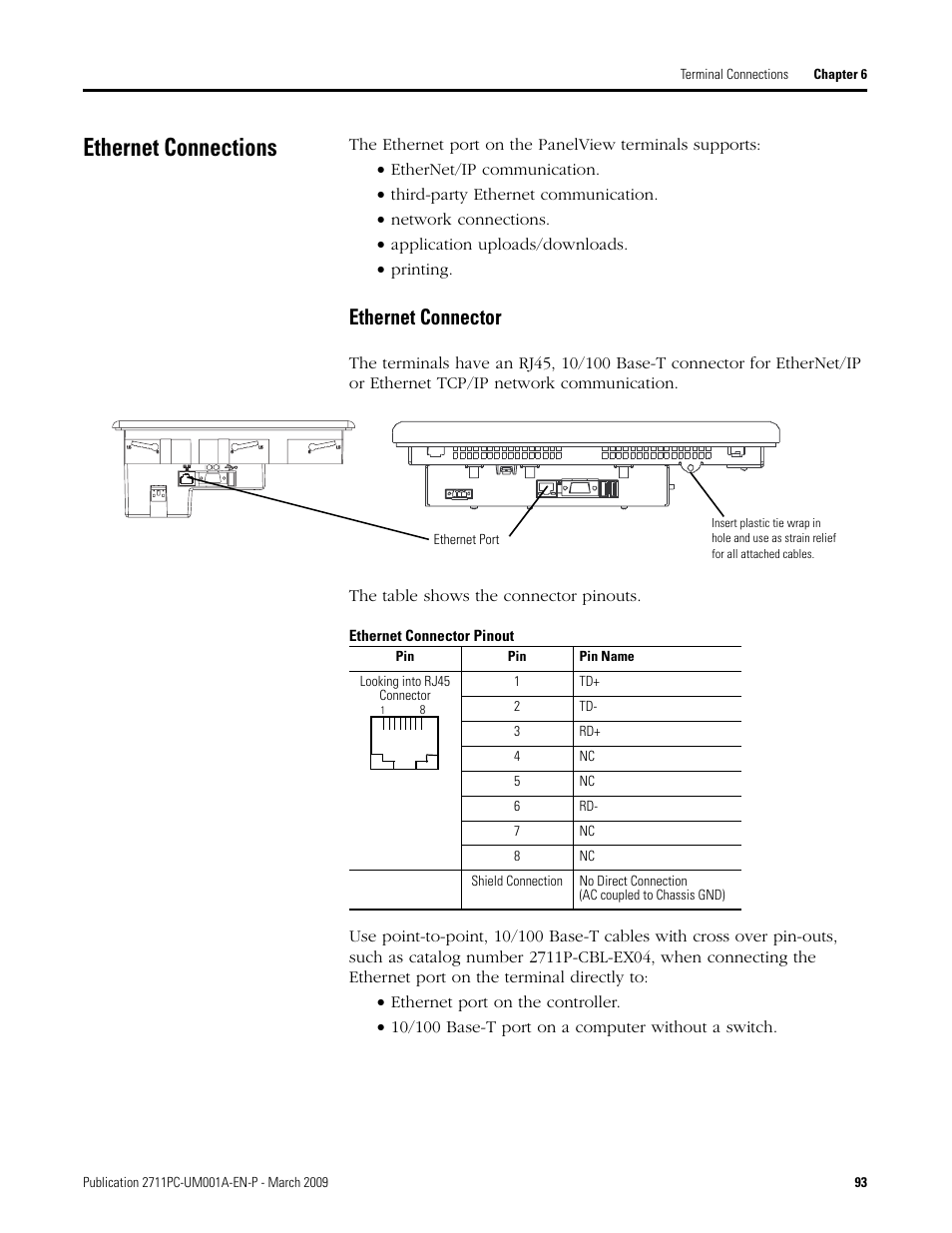 Ethernet connections, Ethernet connector | Rockwell Automation 2711PC-xxxx PanelView Plus Compact User Manual User Manual | Page 93 / 132