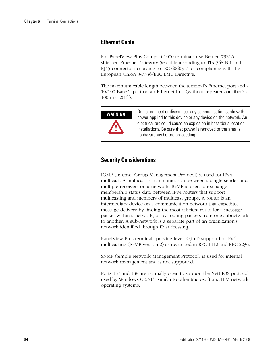 Ethernet cable, Security considerations | Rockwell Automation 2711PC-xxxx PanelView Plus Compact User Manual User Manual | Page 94 / 132