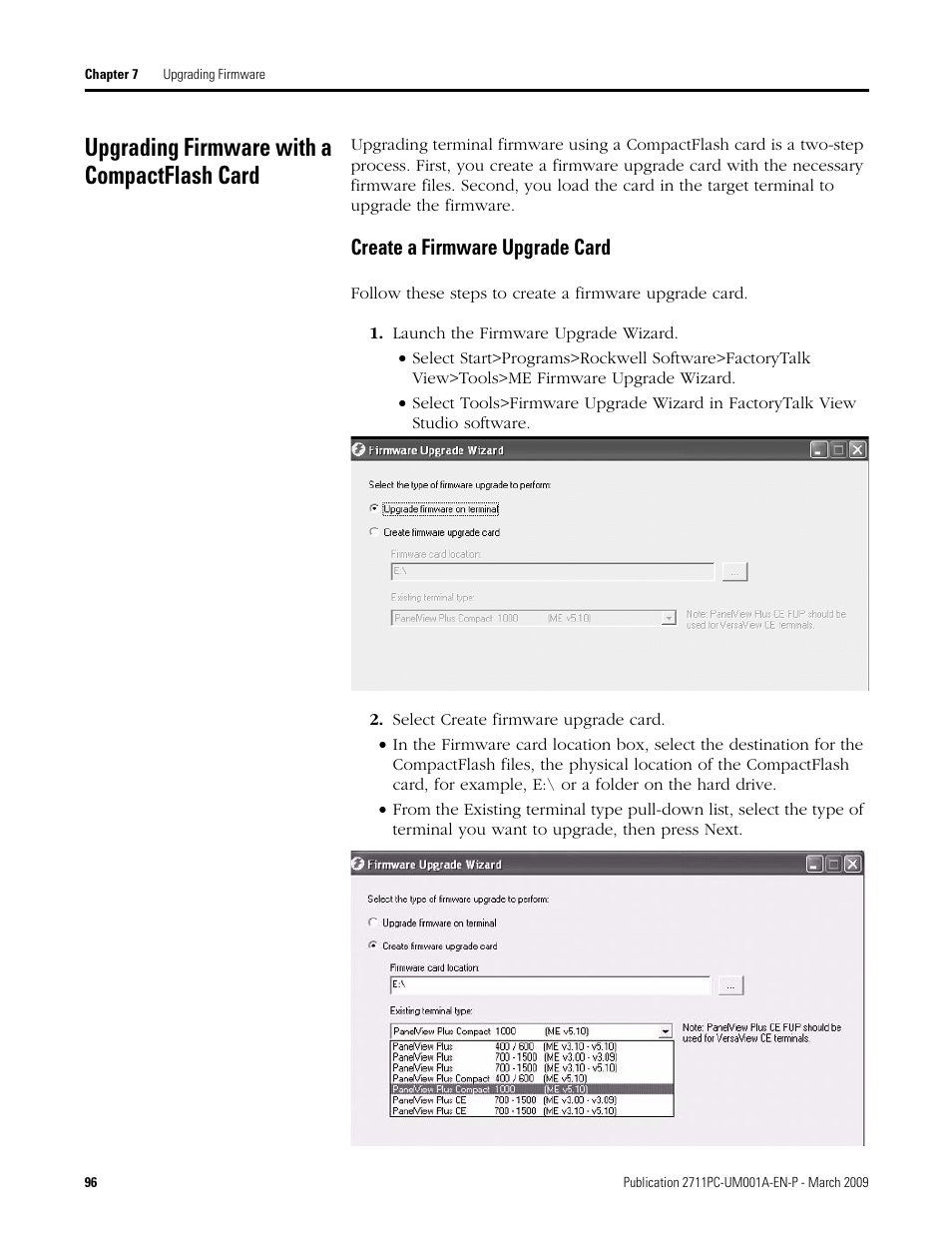 Upgrading firmware with a compactflash card, Create a firmware upgrade card | Rockwell Automation 2711PC-xxxx PanelView Plus Compact User Manual User Manual | Page 96 / 132