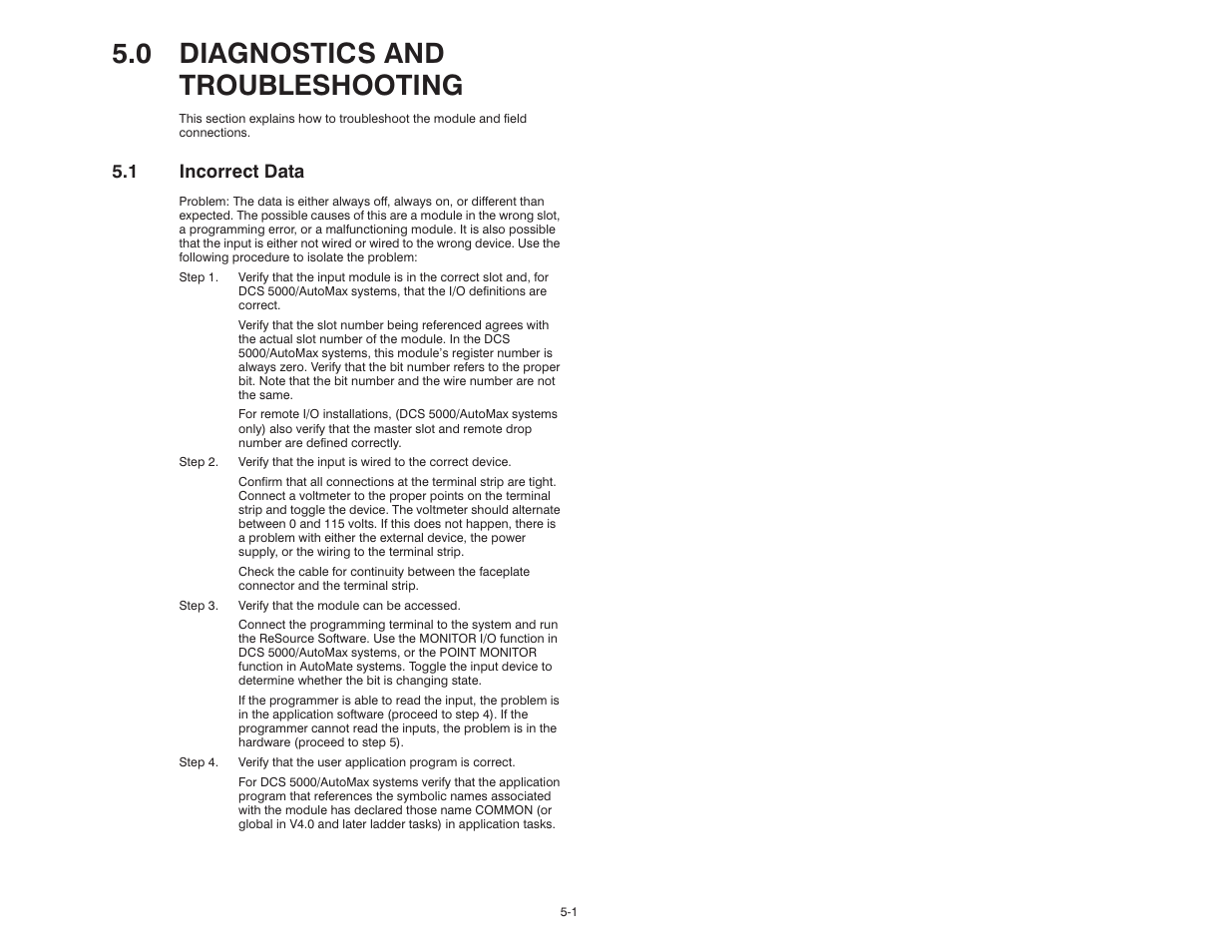 0 diagnostics and troubleshooting, 1 incorrect data | Rockwell Automation 61C501 AutoMax/AutoMate 115V Input Module User Manual | Page 19 / 38