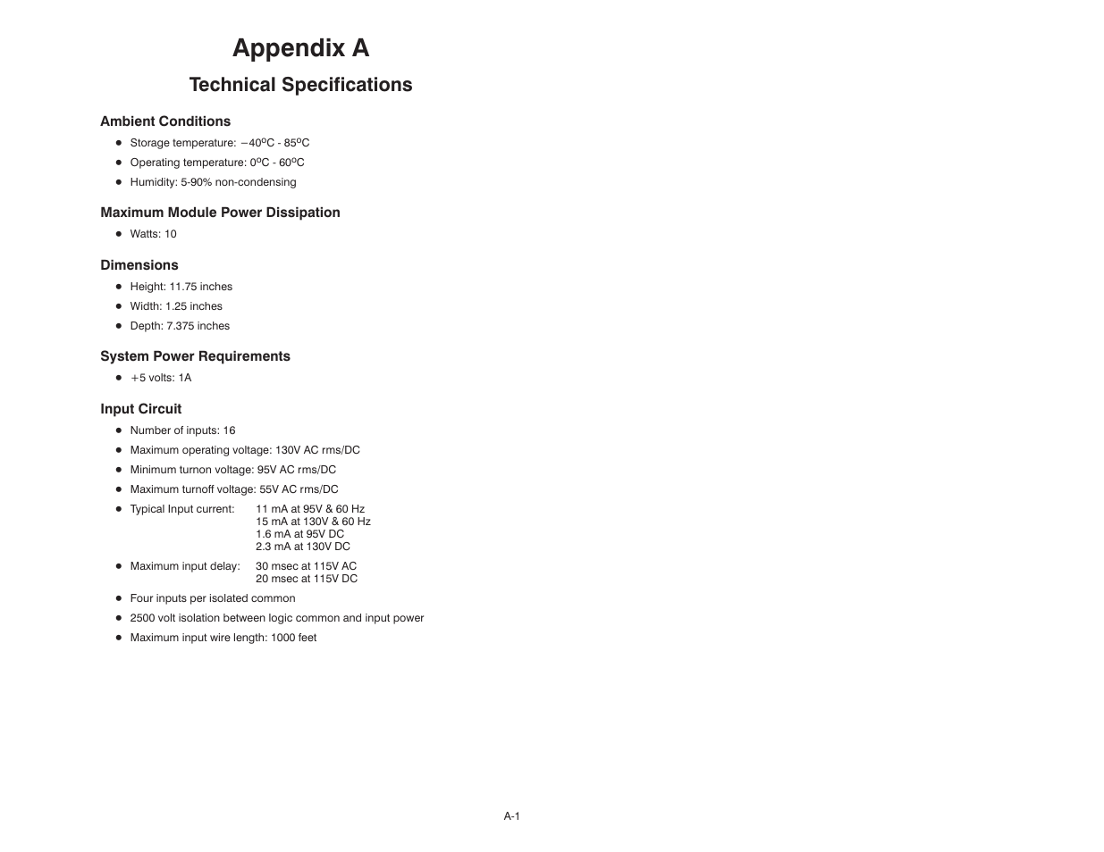 A technical specifications, Appendix a, Technical specifications | Rockwell Automation 61C501 AutoMax/AutoMate 115V Input Module User Manual | Page 23 / 38