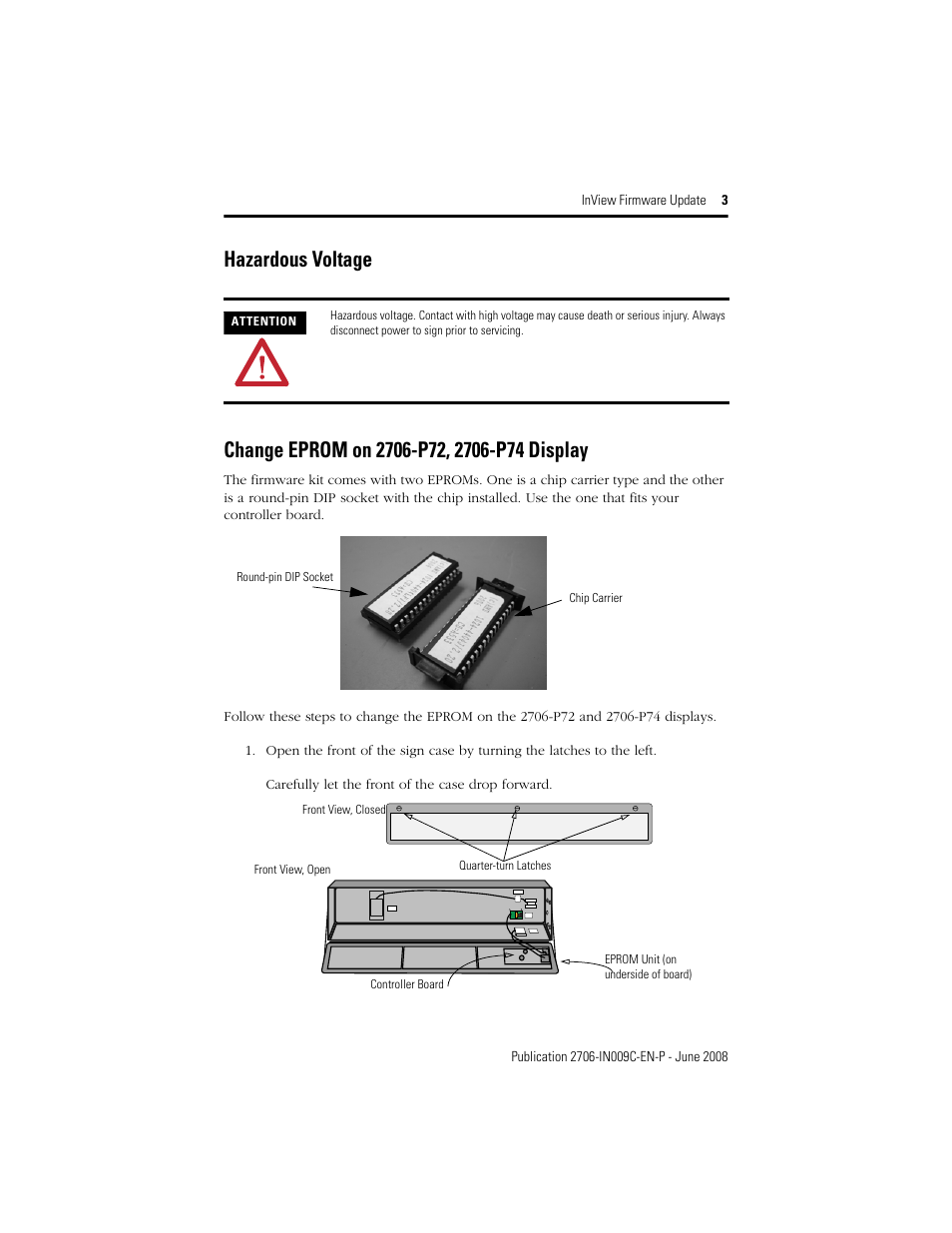 Hazardous voltage, Change eprom on 2706-p72, 2706-p74 display | Rockwell Automation 2706-P72_P74_P42_P44 Inview Display Firmware Upgrade User Manual | Page 3 / 8