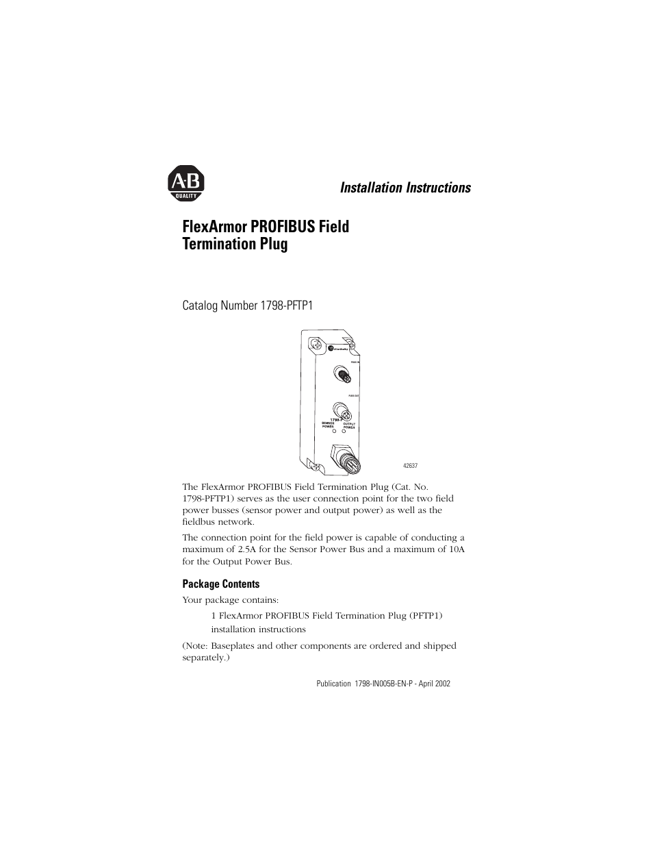 Rockwell Automation 1798-PFTP1 FlexArmor PROFIBUS Field Termination Plug User Manual | 8 pages