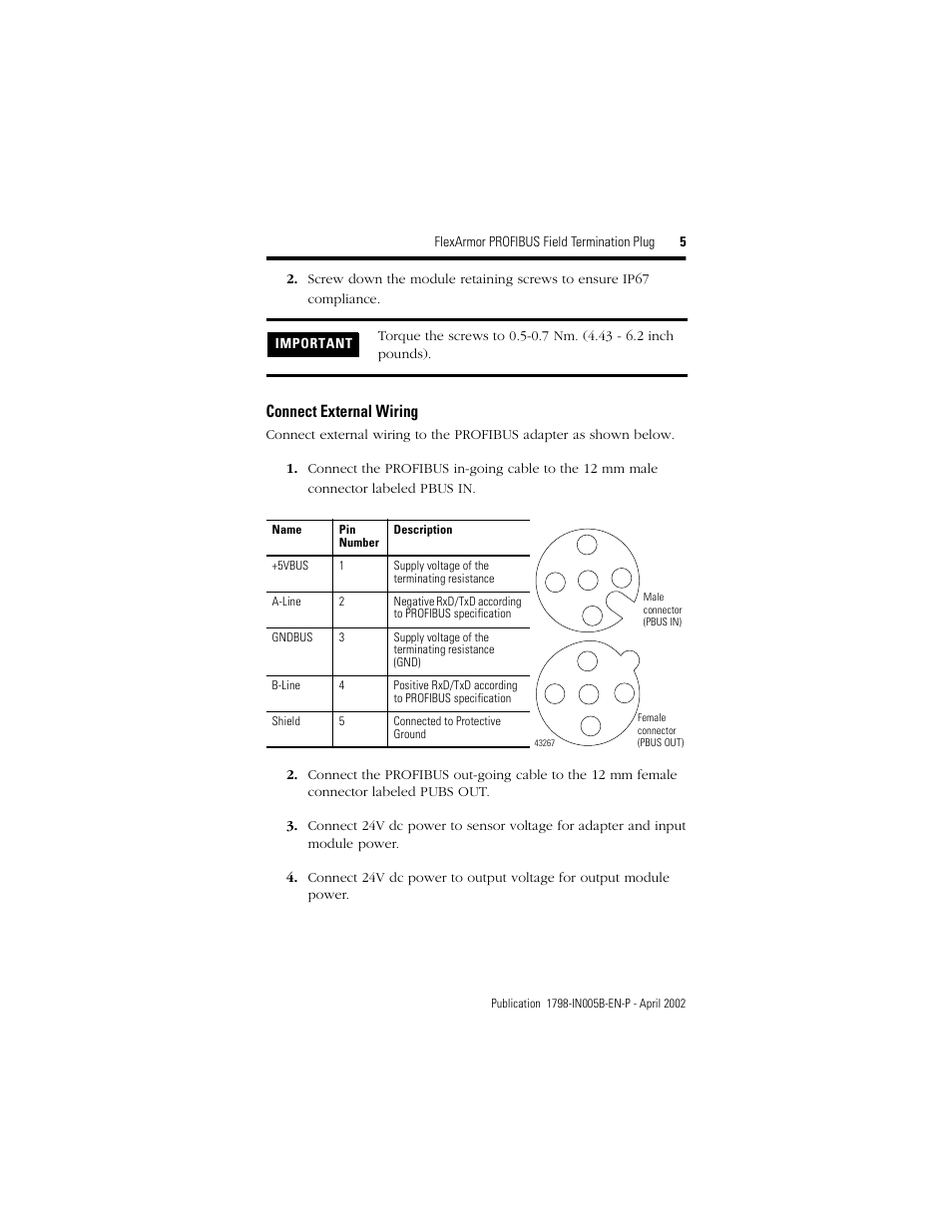 Connect external wiring | Rockwell Automation 1798-PFTP1 FlexArmor PROFIBUS Field Termination Plug User Manual | Page 5 / 8