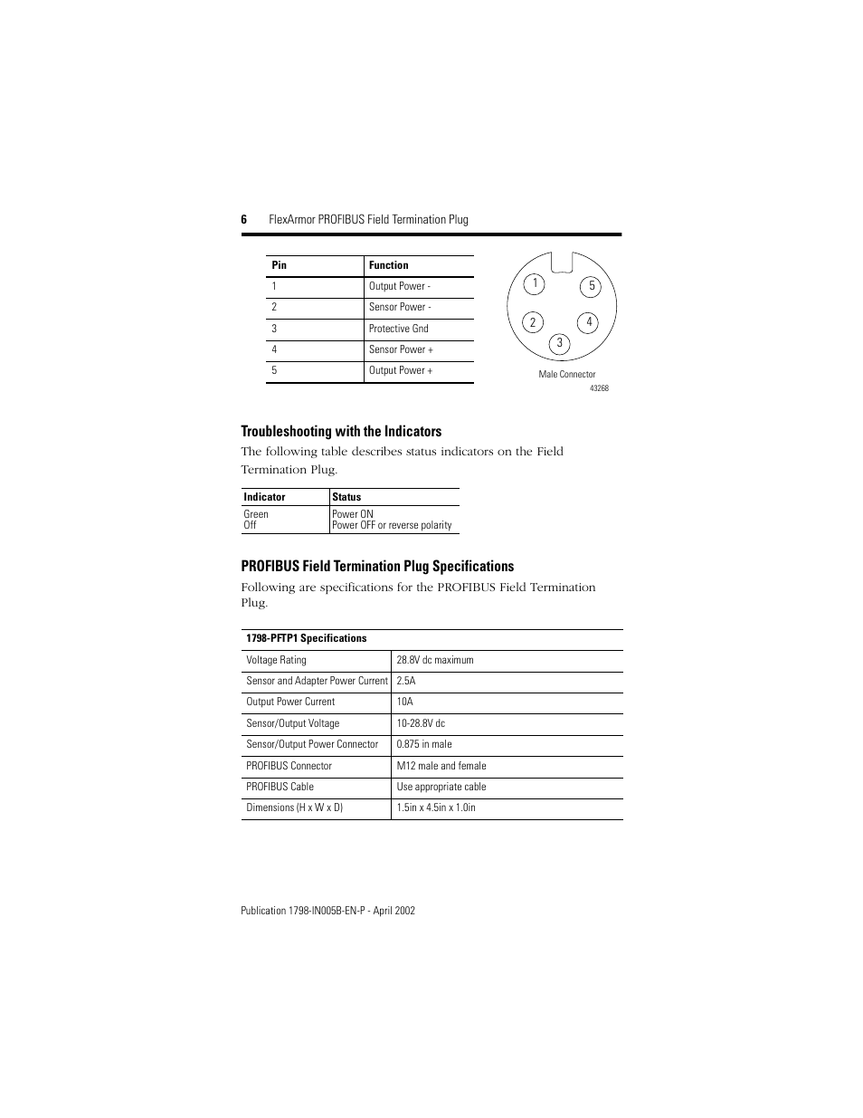 Troubleshooting with the indicators, Profibus field termination plug specifications | Rockwell Automation 1798-PFTP1 FlexArmor PROFIBUS Field Termination Plug User Manual | Page 6 / 8