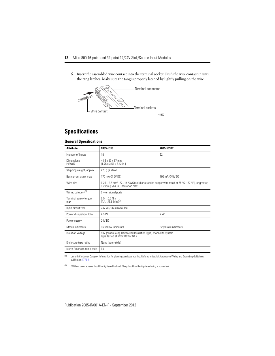 Specifications, General specifications | Rockwell Automation 2085-IQ16_IQ32T 24V DC 16 and 32 Sink/Source Input Modules User Manual | Page 12 / 16