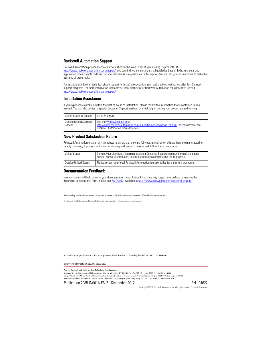 Back cover, Rockwell automation support, Installation assistance | New product satisfaction return, Documentation feedback | Rockwell Automation 2085-IQ16_IQ32T 24V DC 16 and 32 Sink/Source Input Modules User Manual | Page 16 / 16