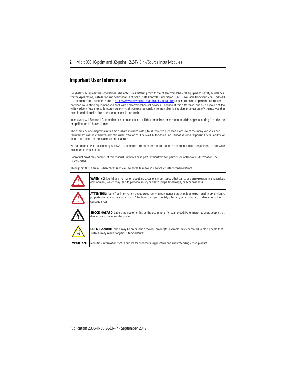 Important user information | Rockwell Automation 2085-IQ16_IQ32T 24V DC 16 and 32 Sink/Source Input Modules User Manual | Page 2 / 16
