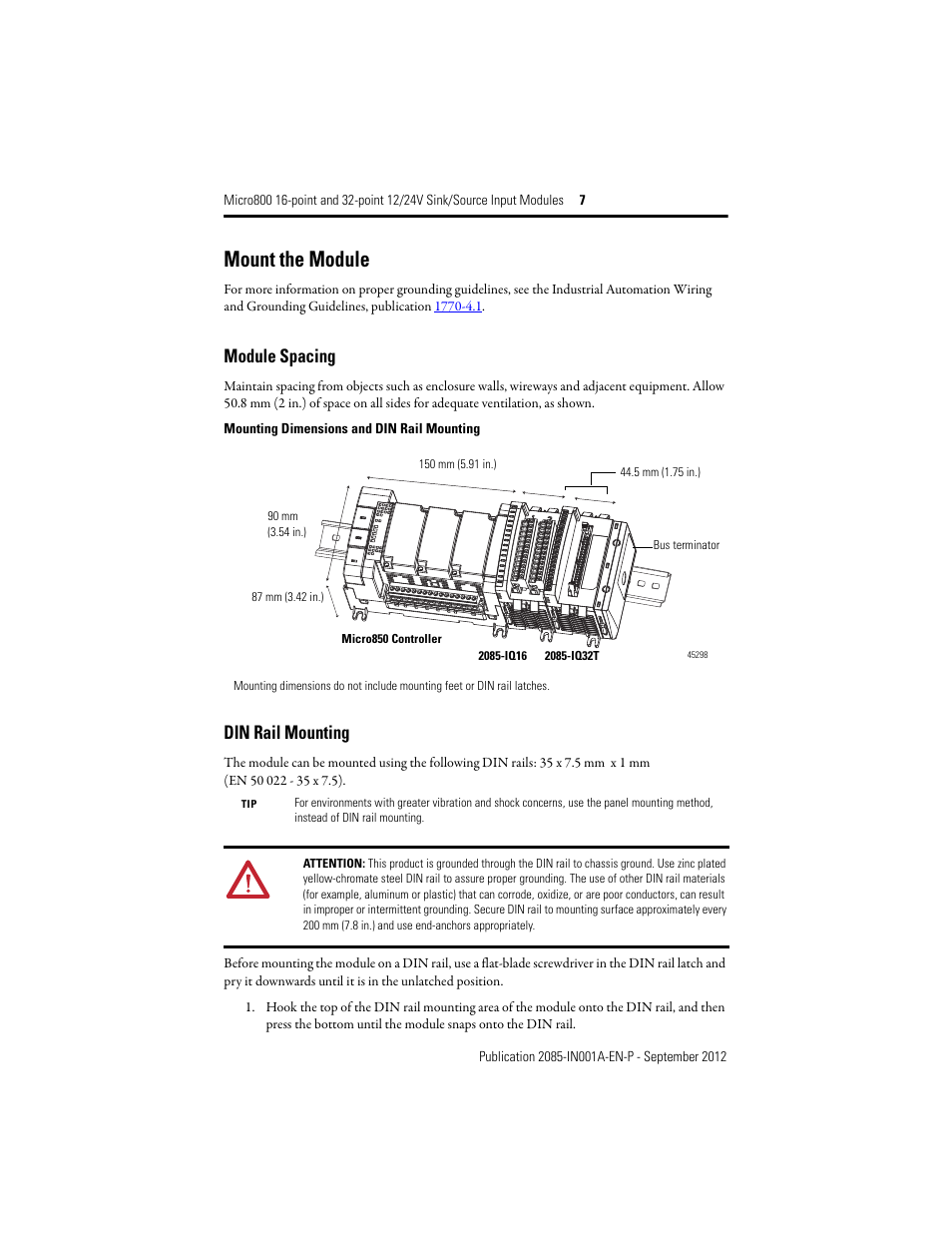 Mount the module, Module spacing, Din rail mounting | Rockwell Automation 2085-IQ16_IQ32T 24V DC 16 and 32 Sink/Source Input Modules User Manual | Page 7 / 16