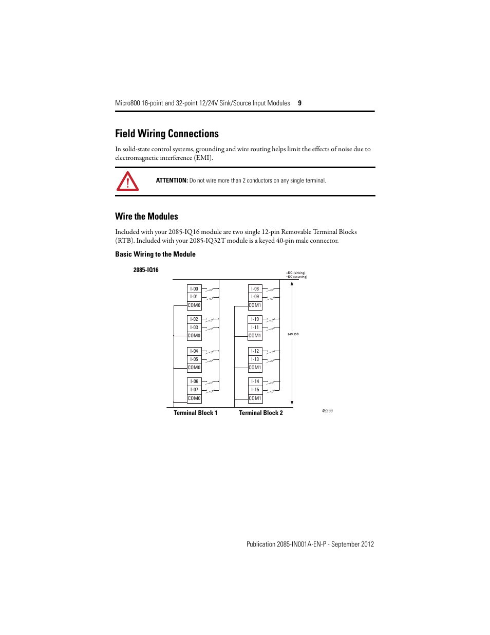 Field wiring connections, Wire the modules | Rockwell Automation 2085-IQ16_IQ32T 24V DC 16 and 32 Sink/Source Input Modules User Manual | Page 9 / 16