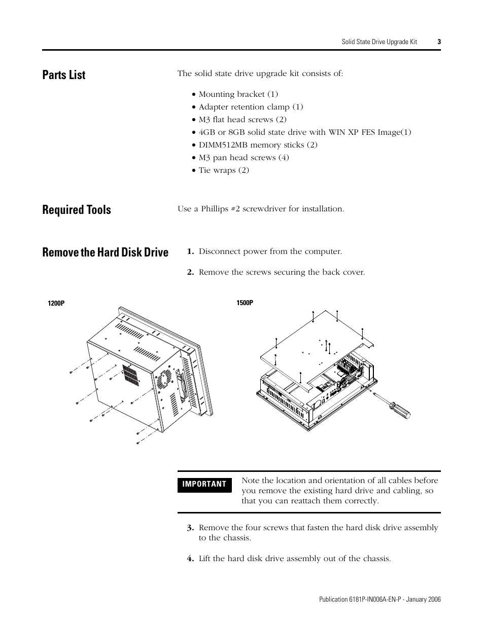 Parts list, Required tools, Remove the hard disk drive | Rockwell Automation 6189V-xxxx Solid State Drive Upgrade Kit for Panel PC User Manual | Page 3 / 8