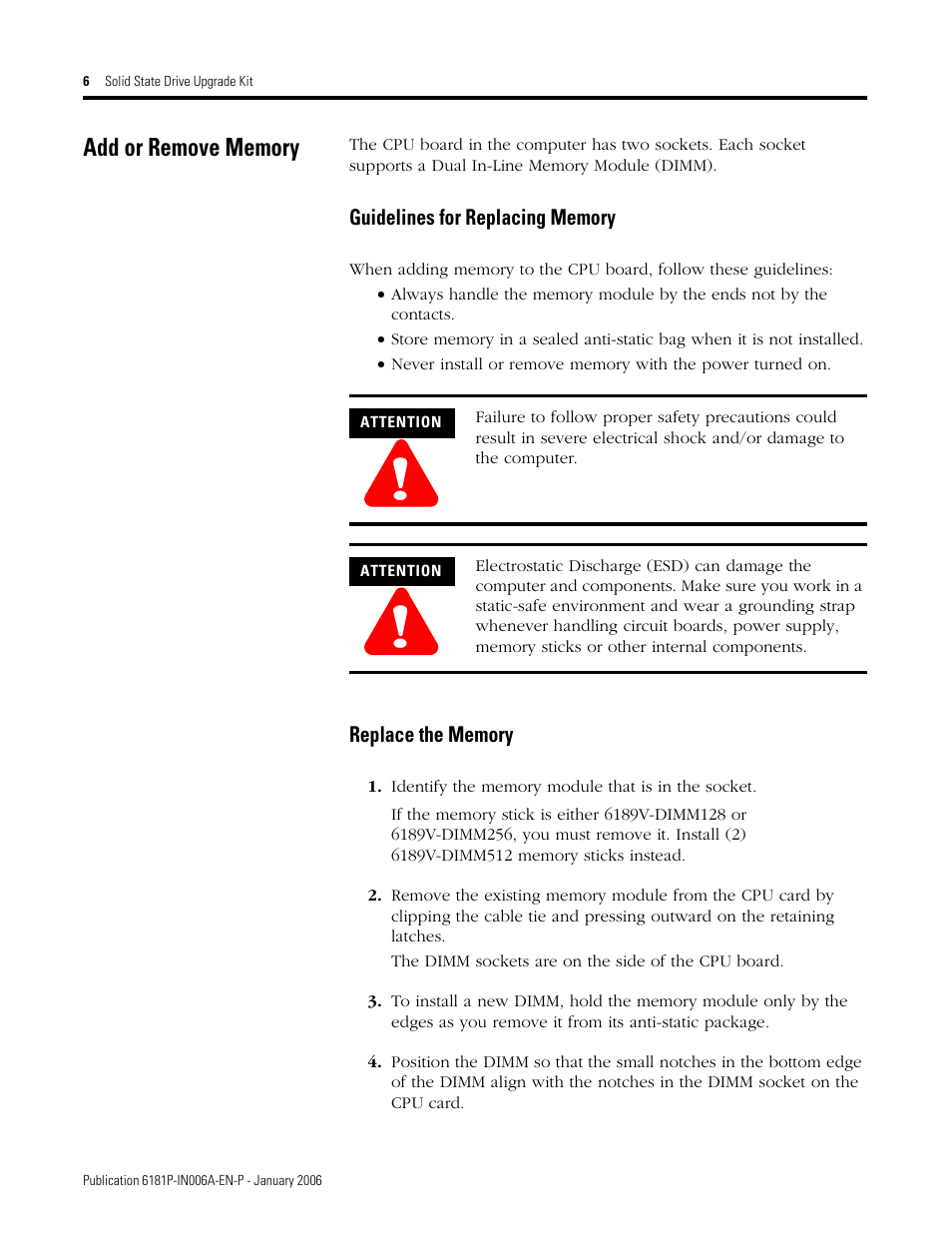 Add or remove memory | Rockwell Automation 6189V-xxxx Solid State Drive Upgrade Kit for Panel PC User Manual | Page 6 / 8