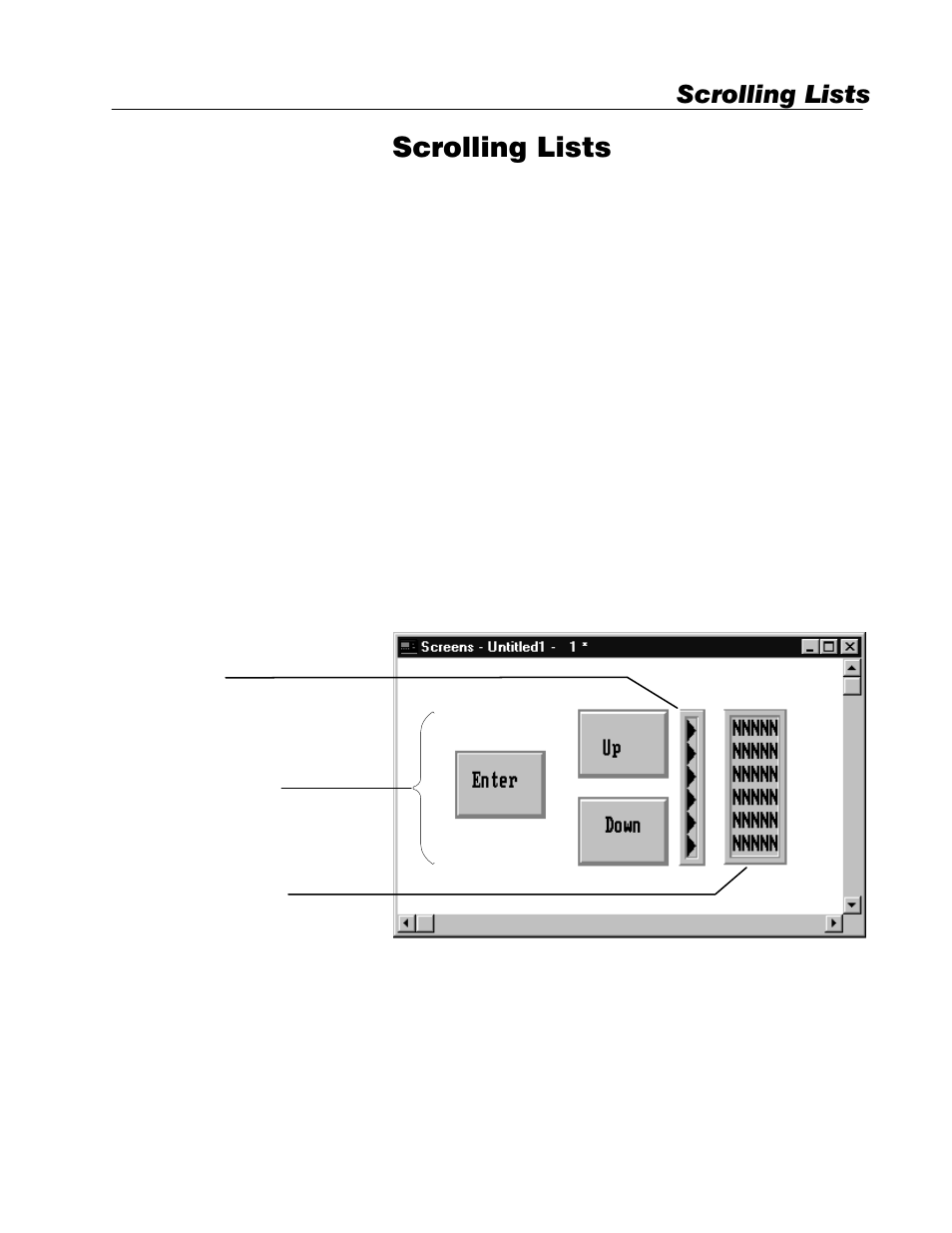 Scrolling lists, About scrolling lists | Rockwell Automation 2711E-ND1 Reference Manual PanelBuilder 1400e User Manual | Page 129 / 201