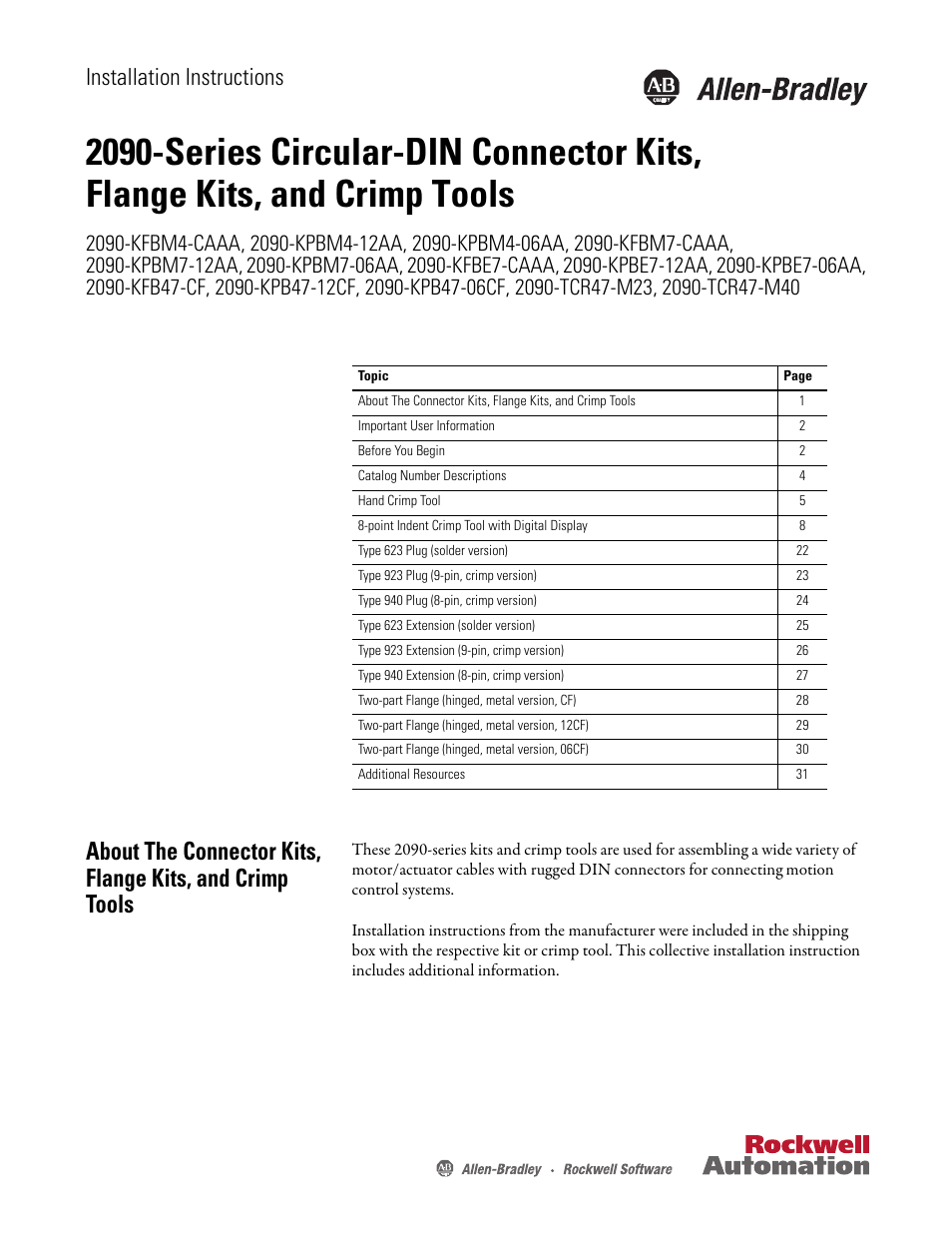 Rockwell Automation 2090-Series Circular-DIN Connector Kits, Flange Kits, and Crimp Tools User Manual | 32 pages