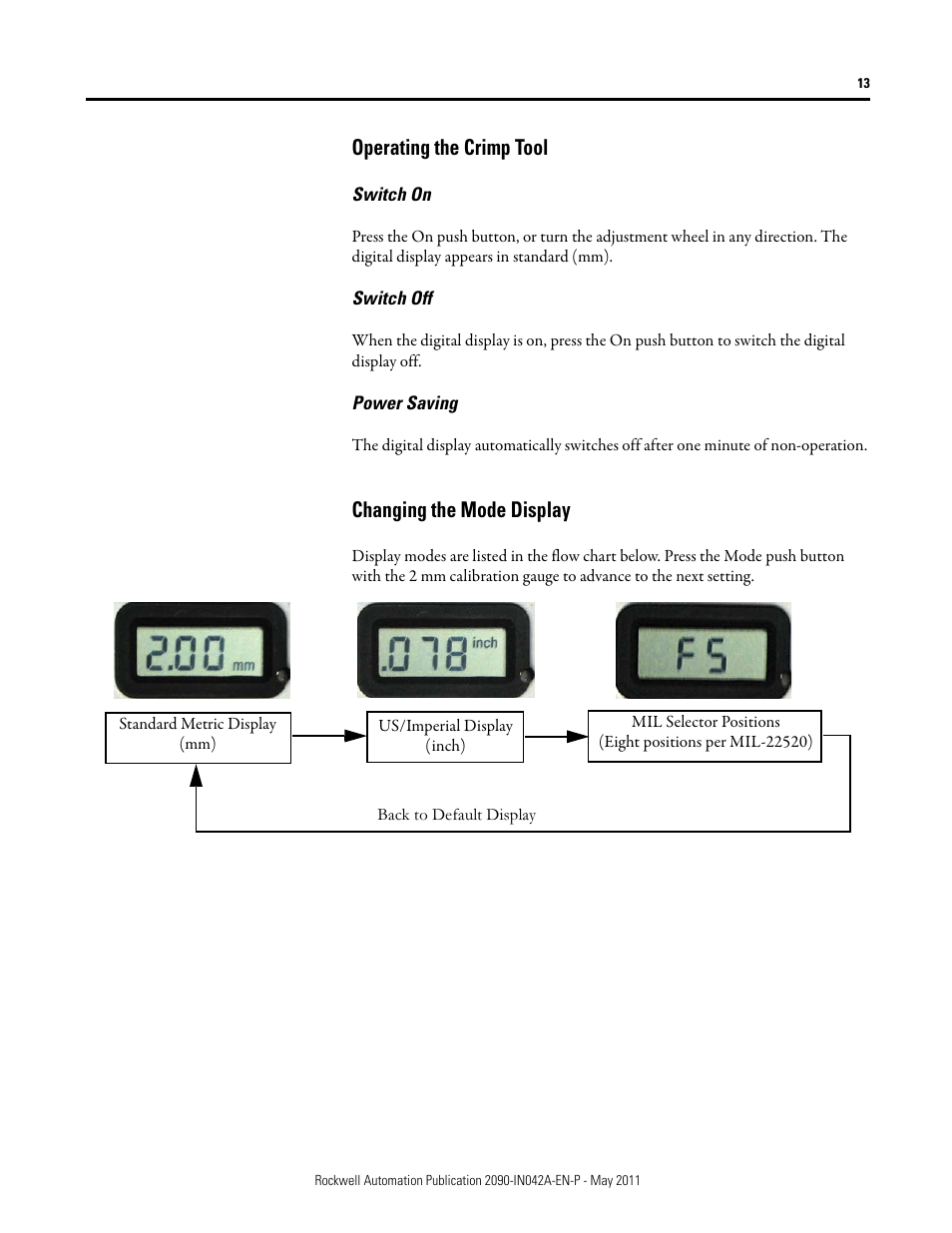 Operating the crimp tool, Switch on, Switch off | Power saving, Changing the mode display | Rockwell Automation 2090-Series Circular-DIN Connector Kits, Flange Kits, and Crimp Tools User Manual | Page 13 / 32