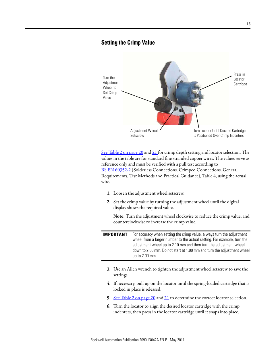 Setting the crimp value | Rockwell Automation 2090-Series Circular-DIN Connector Kits, Flange Kits, and Crimp Tools User Manual | Page 15 / 32
