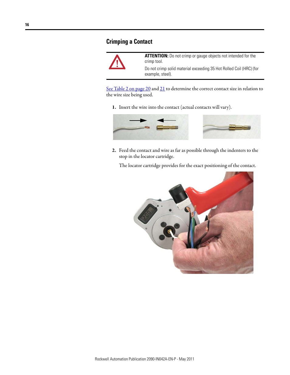 Crimping a contact | Rockwell Automation 2090-Series Circular-DIN Connector Kits, Flange Kits, and Crimp Tools User Manual | Page 16 / 32