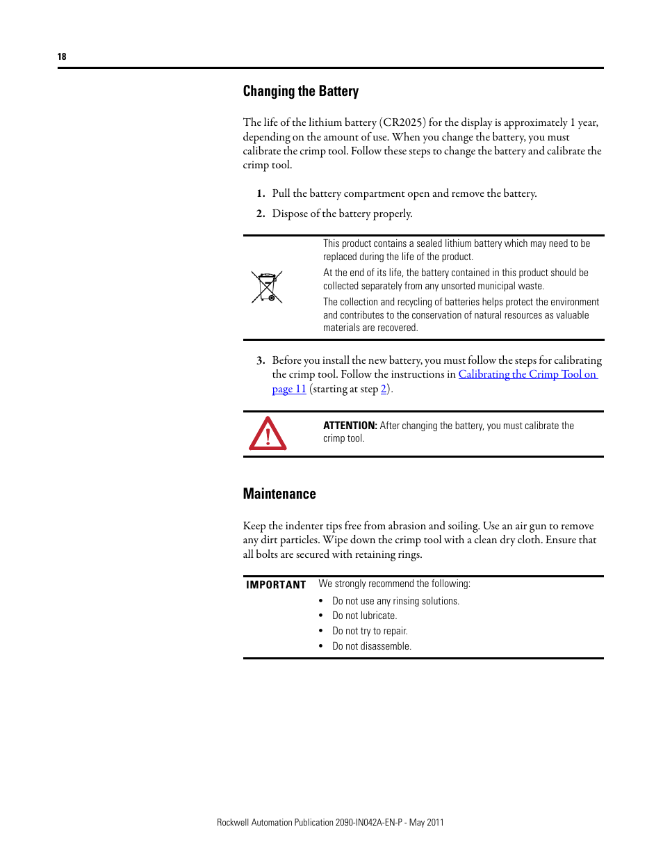 Changing the battery, Maintenance | Rockwell Automation 2090-Series Circular-DIN Connector Kits, Flange Kits, and Crimp Tools User Manual | Page 18 / 32
