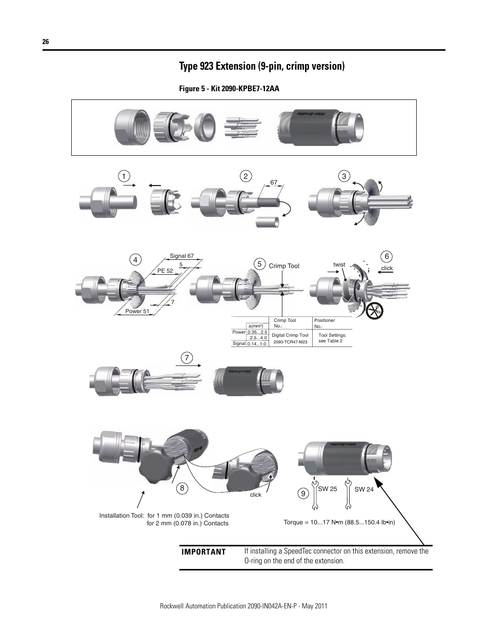 Type 923 extension (9-pin, crimp version) | Rockwell Automation 2090-Series Circular-DIN Connector Kits, Flange Kits, and Crimp Tools User Manual | Page 26 / 32