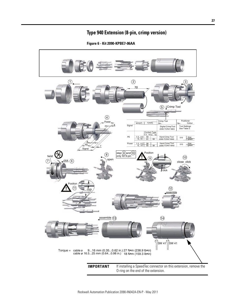 Type 940 extension (8-pin, crimp version) | Rockwell Automation 2090-Series Circular-DIN Connector Kits, Flange Kits, and Crimp Tools User Manual | Page 27 / 32