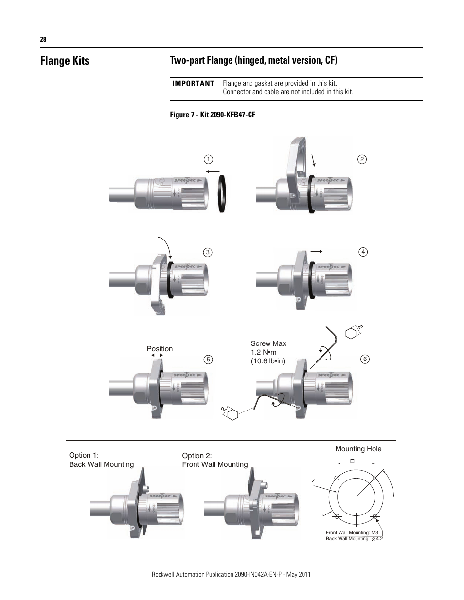 Flange kits, Two-part flange (hinged, metal version, cf) | Rockwell Automation 2090-Series Circular-DIN Connector Kits, Flange Kits, and Crimp Tools User Manual | Page 28 / 32