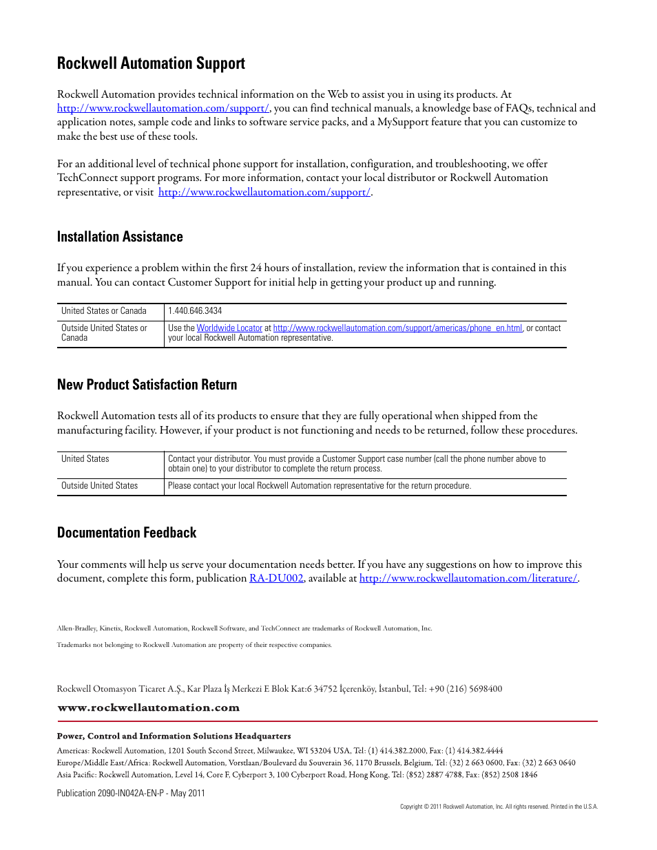 Back cover, Rockwell automation support, Installation assistance | New product satisfaction return, Documentation feedback | Rockwell Automation 2090-Series Circular-DIN Connector Kits, Flange Kits, and Crimp Tools User Manual | Page 32 / 32