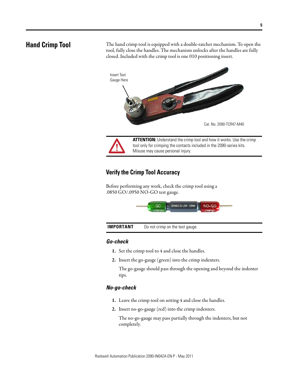 Hand crimp tool, Verify the crimp tool accuracy, Go-check | No-go-check | Rockwell Automation 2090-Series Circular-DIN Connector Kits, Flange Kits, and Crimp Tools User Manual | Page 5 / 32