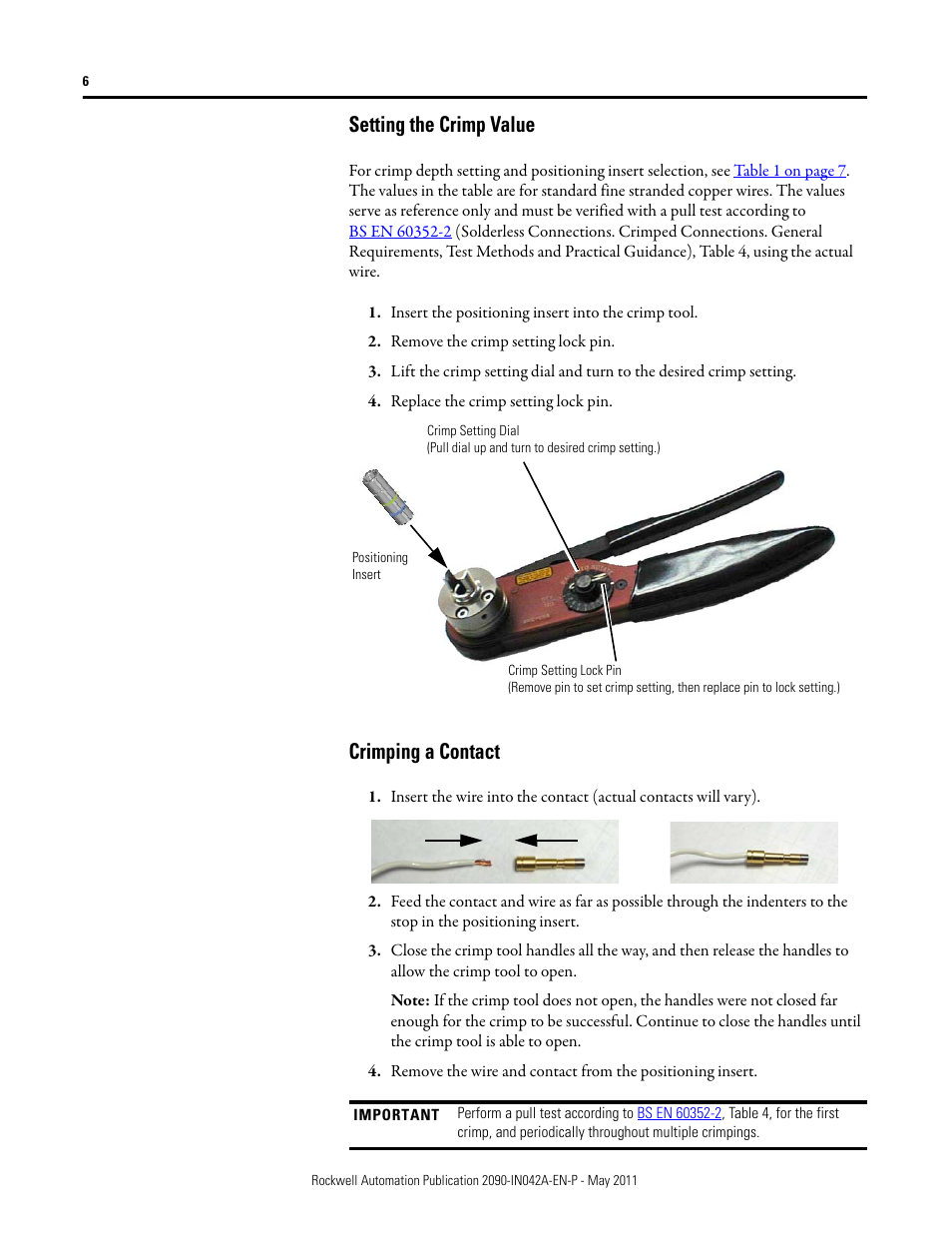 Setting the crimp value, Crimping a contact | Rockwell Automation 2090-Series Circular-DIN Connector Kits, Flange Kits, and Crimp Tools User Manual | Page 6 / 32