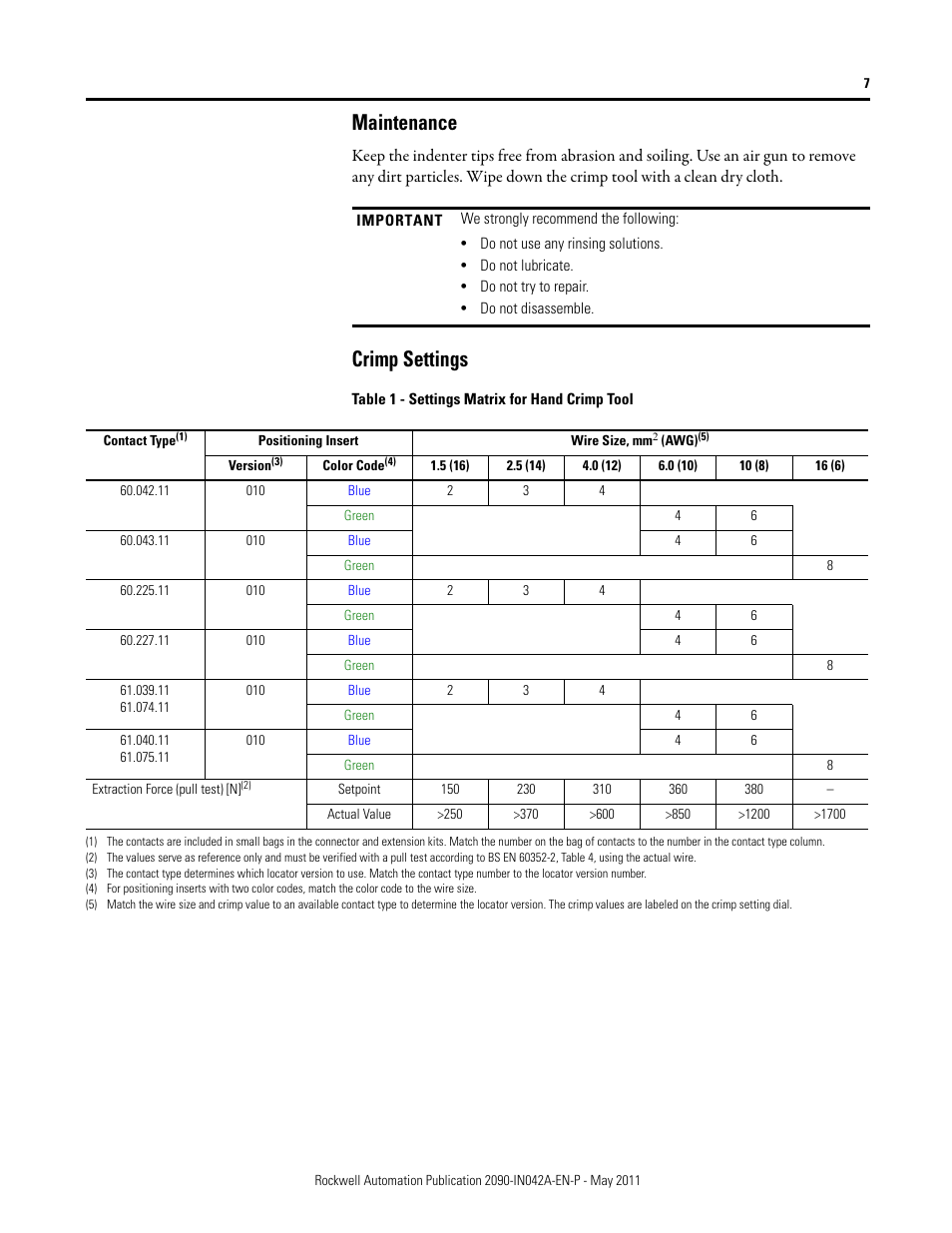 Maintenance, Crimp settings | Rockwell Automation 2090-Series Circular-DIN Connector Kits, Flange Kits, and Crimp Tools User Manual | Page 7 / 32