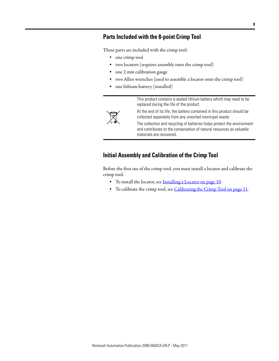 Parts included with the 8-point crimp tool, Initial assembly and calibration of the crimp tool | Rockwell Automation 2090-Series Circular-DIN Connector Kits, Flange Kits, and Crimp Tools User Manual | Page 9 / 32