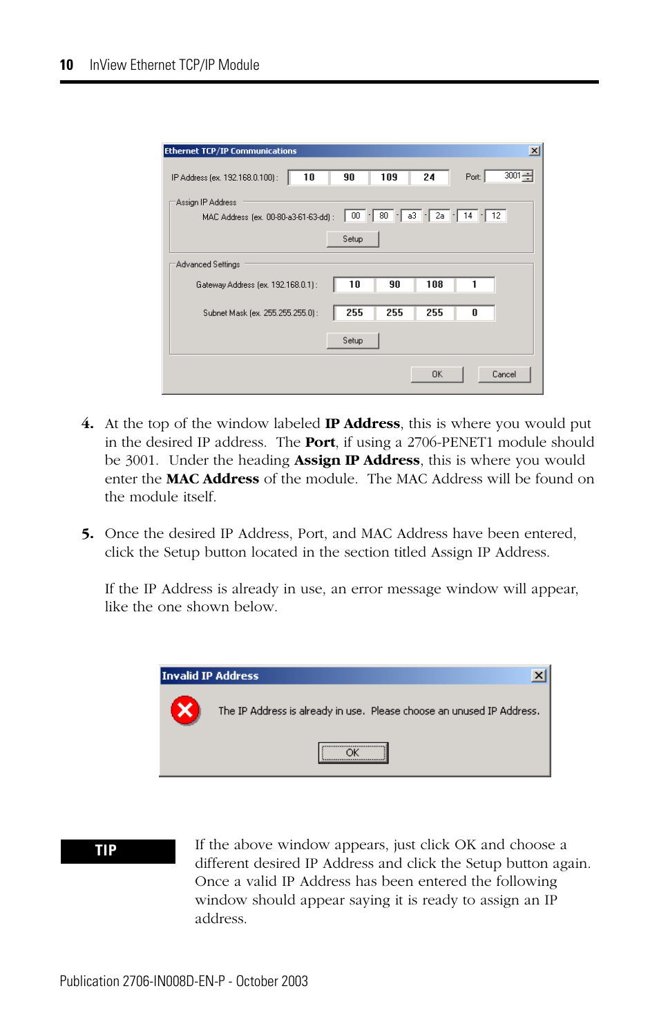 Rockwell Automation 2706-PENET1 InView Ethernet TCP/IP Module User Manual | Page 10 / 64