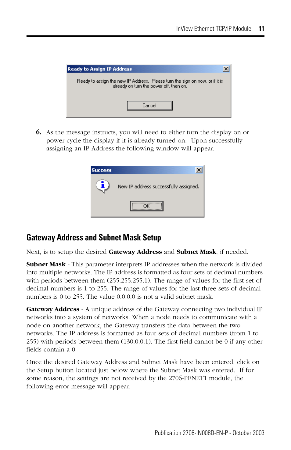 Gateway address and subnet mask setup | Rockwell Automation 2706-PENET1 InView Ethernet TCP/IP Module User Manual | Page 11 / 64