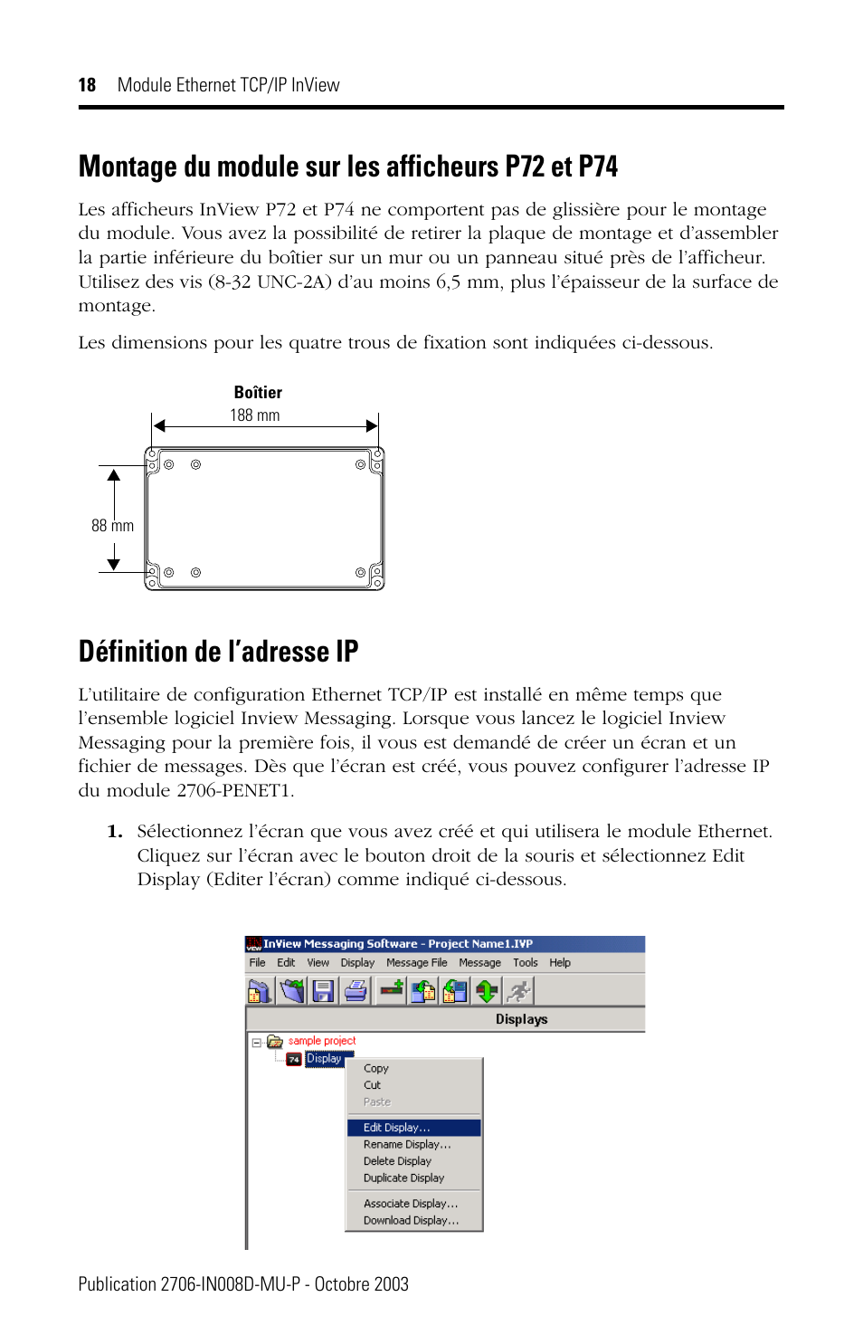 Montage du module sur les afficheurs p72 et p74, Définition de l’adresse ip | Rockwell Automation 2706-PENET1 InView Ethernet TCP/IP Module User Manual | Page 18 / 64