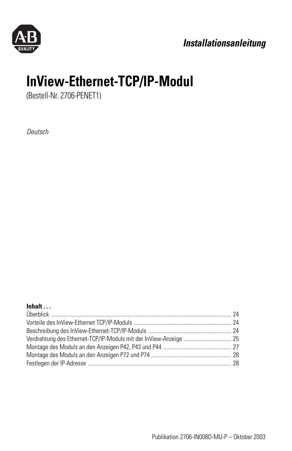 Deutsch, Inview-ethernet-tcp/ip-modul, Installationsanleitung | Rockwell Automation 2706-PENET1 InView Ethernet TCP/IP Module User Manual | Page 23 / 64