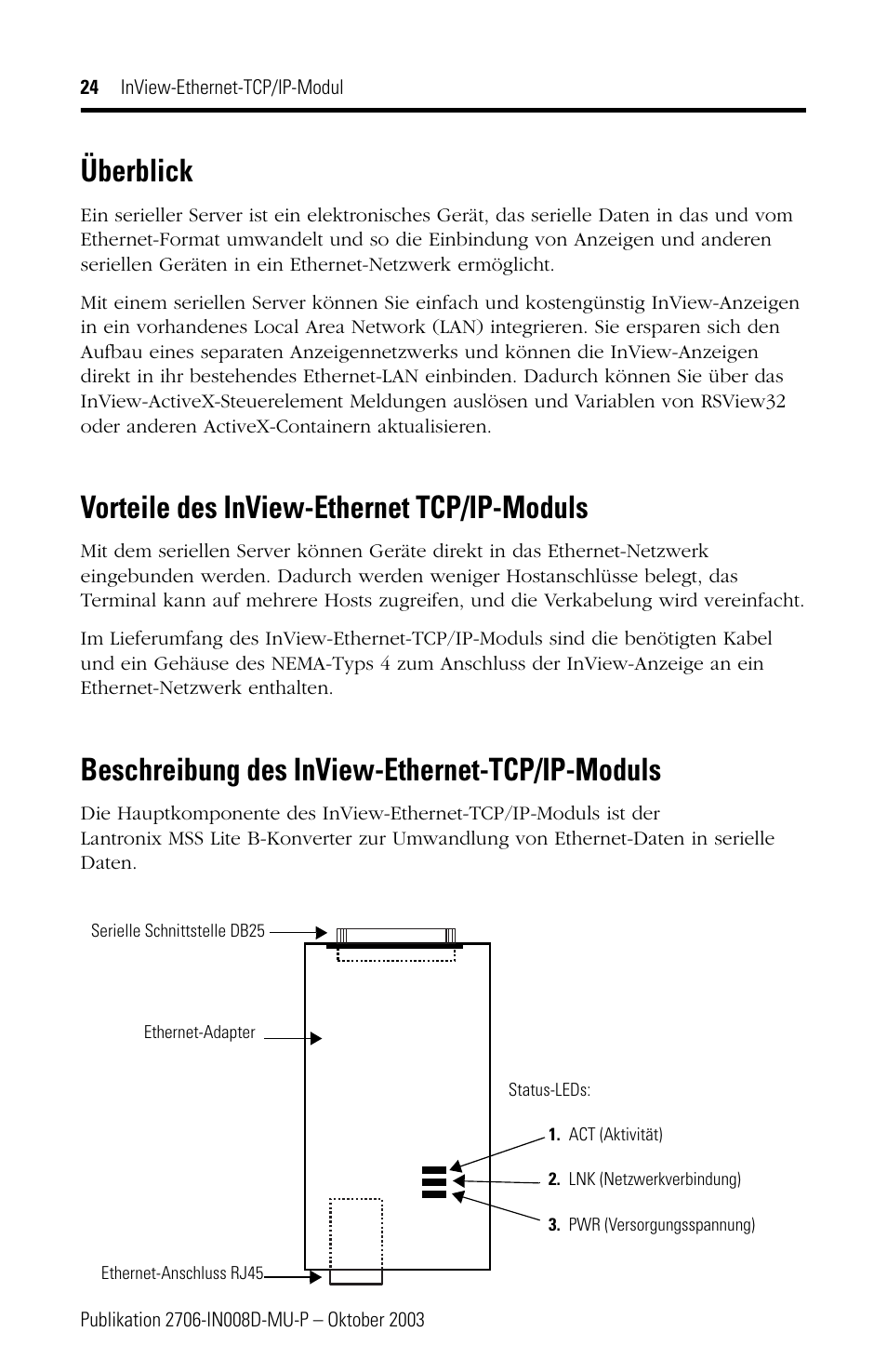 Überblick, Vorteile des inview-ethernet tcp/ip-moduls, Beschreibung des inview-ethernet-tcp/ip-moduls | Rockwell Automation 2706-PENET1 InView Ethernet TCP/IP Module User Manual | Page 24 / 64