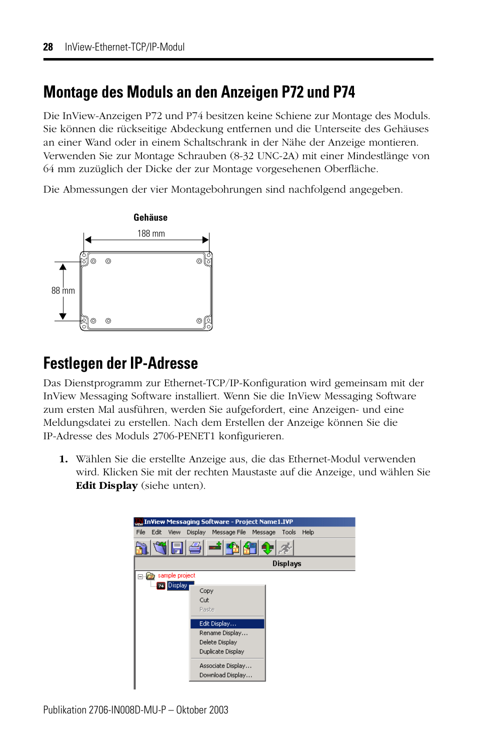 Montage des moduls an den anzeigen p72 und p74, Festlegen der ip-adresse | Rockwell Automation 2706-PENET1 InView Ethernet TCP/IP Module User Manual | Page 28 / 64