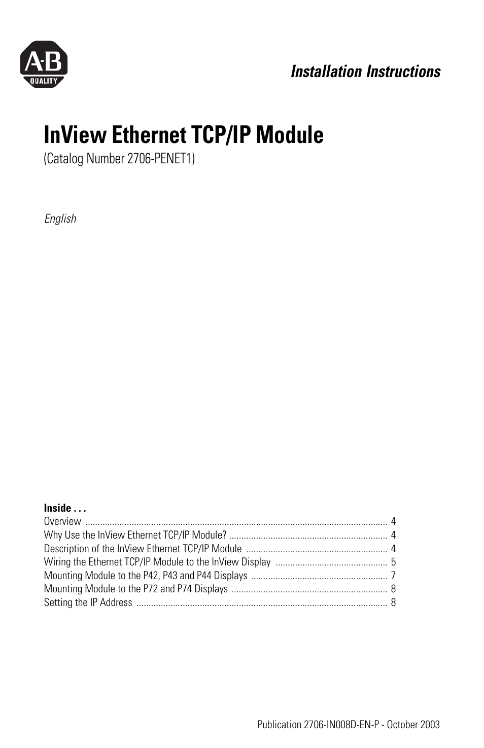 English, Inview ethernet tcp/ip module, Installation instructions | Rockwell Automation 2706-PENET1 InView Ethernet TCP/IP Module User Manual | Page 3 / 64