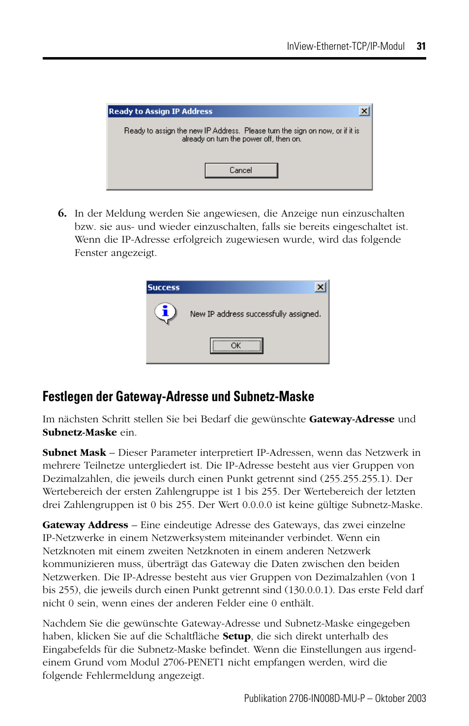 Festlegen der gateway-adresse und subnetz-maske | Rockwell Automation 2706-PENET1 InView Ethernet TCP/IP Module User Manual | Page 31 / 64