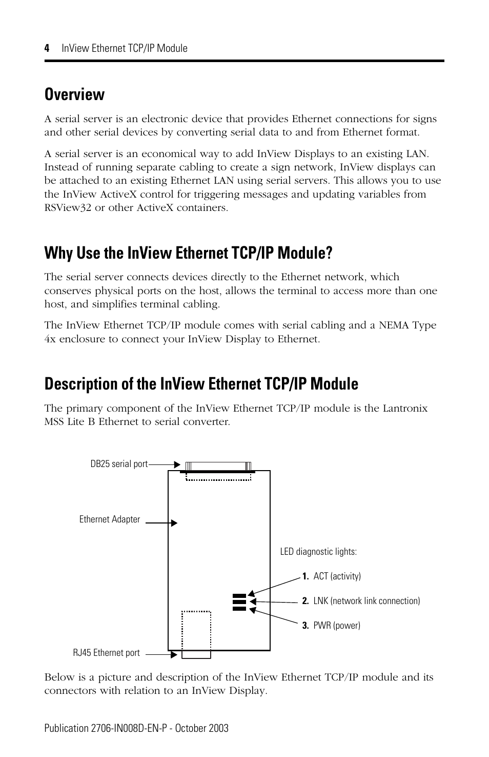 Overview, Why use the inview ethernet tcp/ip module, Description of the inview ethernet tcp/ip module | Rockwell Automation 2706-PENET1 InView Ethernet TCP/IP Module User Manual | Page 4 / 64