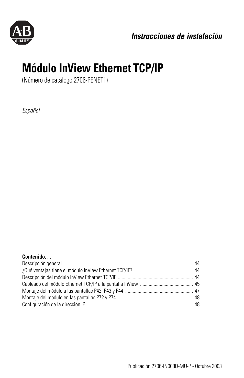 Espanol, Español, Módulo inview ethernet tcp/ip | Instrucciones de instalación | Rockwell Automation 2706-PENET1 InView Ethernet TCP/IP Module User Manual | Page 43 / 64