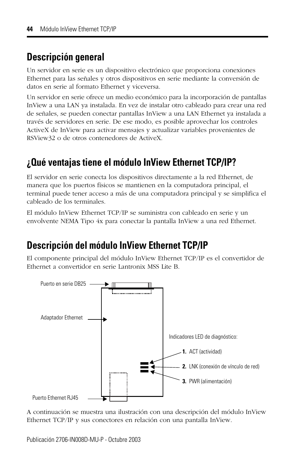 Descripción general, Descripción del módulo inview ethernet tcp/ip | Rockwell Automation 2706-PENET1 InView Ethernet TCP/IP Module User Manual | Page 44 / 64