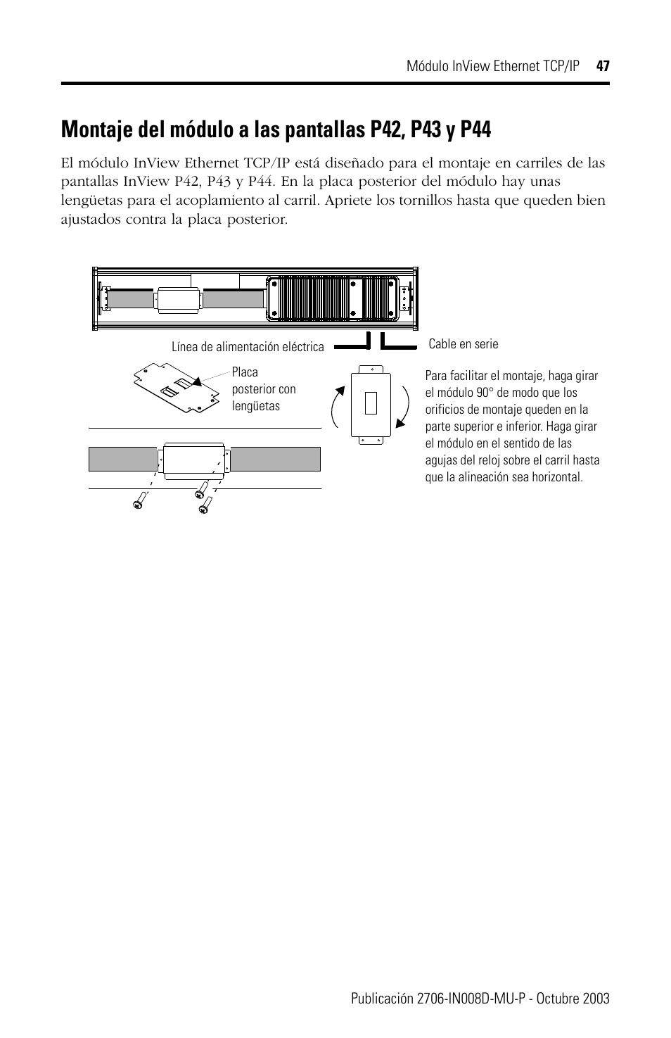 Montaje del módulo a las pantallas p42, p43 y p44 | Rockwell Automation 2706-PENET1 InView Ethernet TCP/IP Module User Manual | Page 47 / 64