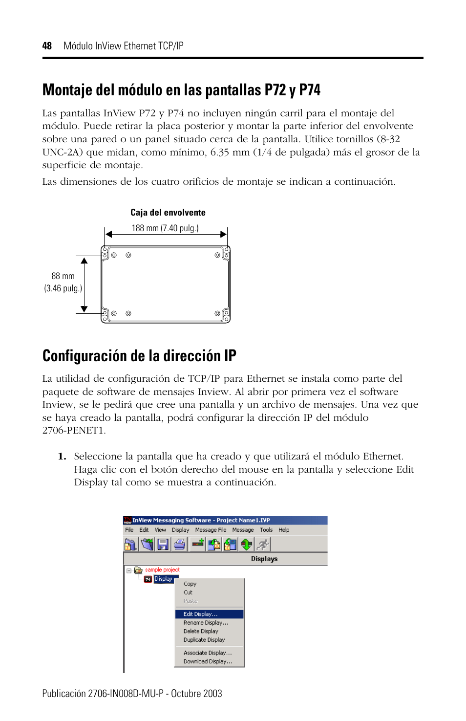 Montaje del módulo en las pantallas p72 y p74, Configuración de la dirección ip | Rockwell Automation 2706-PENET1 InView Ethernet TCP/IP Module User Manual | Page 48 / 64