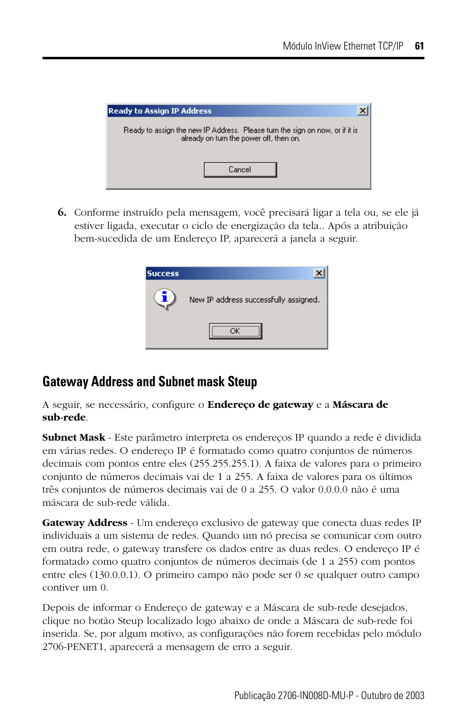 Gateway address and subnet mask steup | Rockwell Automation 2706-PENET1 InView Ethernet TCP/IP Module User Manual | Page 61 / 64