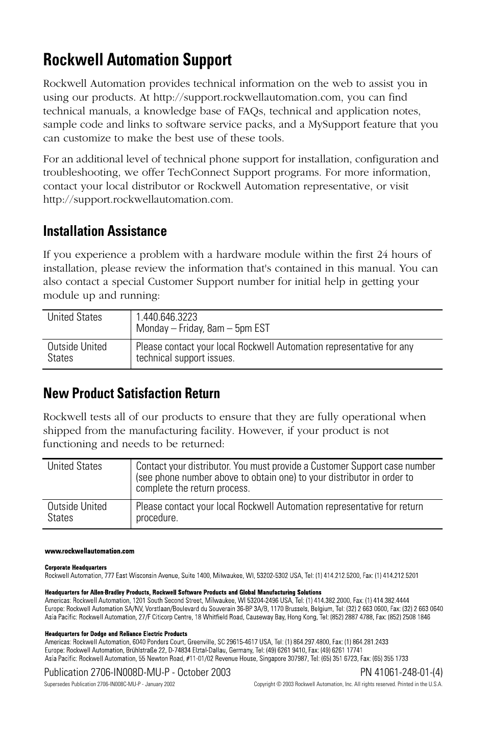 Back cover, Rockwell automation support, Installation assistance | New product satisfaction return | Rockwell Automation 2706-PENET1 InView Ethernet TCP/IP Module User Manual | Page 64 / 64