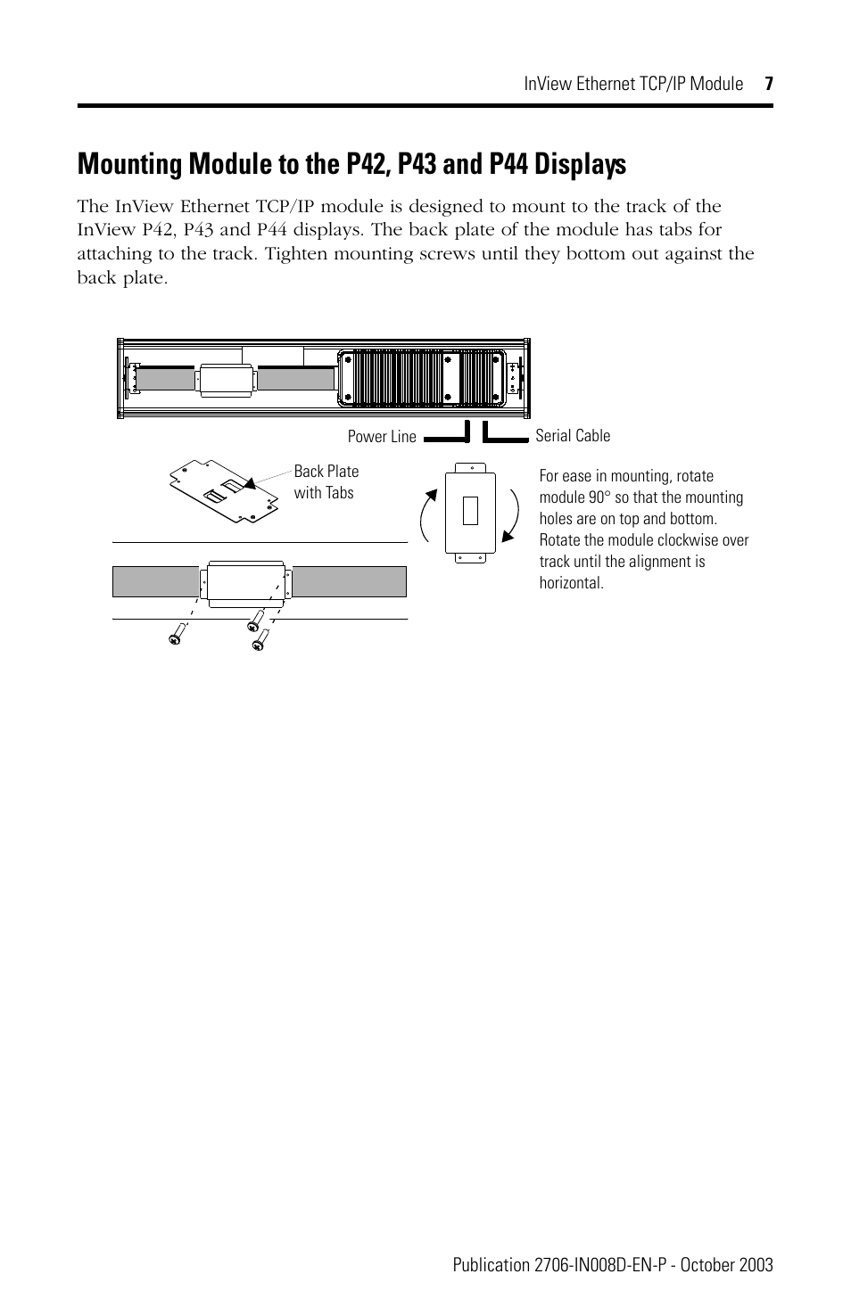 Mounting module to the p42, p43 and p44 displays | Rockwell Automation 2706-PENET1 InView Ethernet TCP/IP Module User Manual | Page 7 / 64